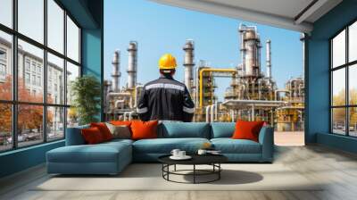 Engineering man in safety helmet at smart factory with oil refinery plant in petrochemical industrial estate. Wall mural