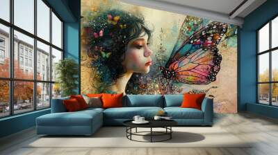 Ethereal artwork of fashionable woman with butterfly wings, a garden fairy in vibrant colors. Wall mural