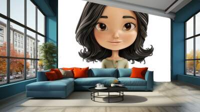 Fun bobblehead art features a young girl with bold black hair, dressed in a cozy beige design on a crisp white canvas. Wall mural