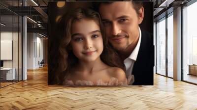 Heartwarming portrait of father and daughter sharing a joyful embrace. Wall mural