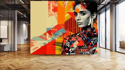 Stunning artwork of an elegant woman in geometric clothing, exuding sophistication and style with vibrant details. Wall mural