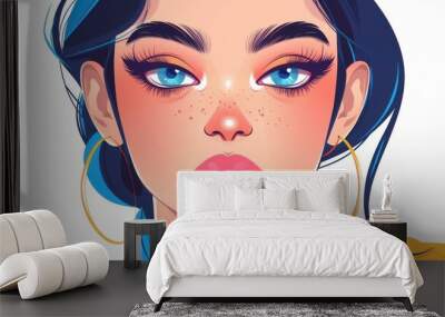 Stunning fashion model with blue eyes radiates elegance in a modern flat cartoon portrait. A captivating visual delight Wall mural