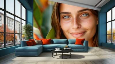 Vibrant closeup portrait of a smiling Nordic woman amidst lush exotic plants in a jungle garden. Wall mural