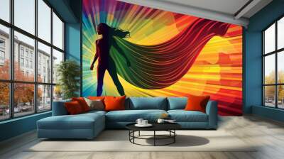 Vibrant illustration of a captivating woman cosplaying as a powerful superheroine in highquality silhouette artwork. Wall mural