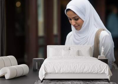 Young woman in modern Arabian attire checks her phone on city street. Wall mural