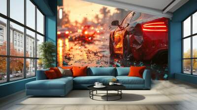 Car crash on the traffic road, Car accident with car damaged, Burning smoke in car. Wall mural