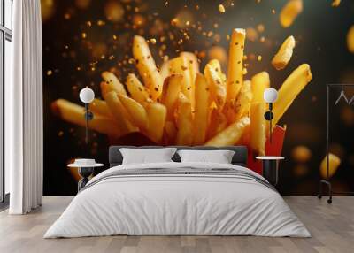 Close up shot french fries in red carton box with salt seasoning , Chips with paprika sprinkle for commercial. Wall mural