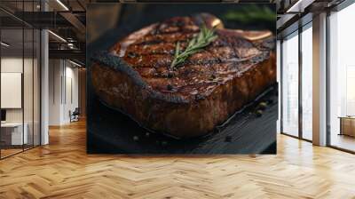 Grilled steak with crispy crust, Close up shot steak with grilled mark and rosemary. Wall mural