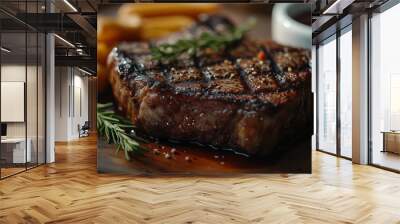 Grilled steak with stripe mark , Close up shot steak with rosemary and side dish. Wall mural