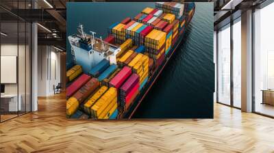 Massive container cargo ship on the ocean, Aerial view of cargo ship at the port. Wall mural