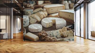 Pile of blue cheese with red grapes, Cheese wheel with fungus on wooden cutting board. Wall mural