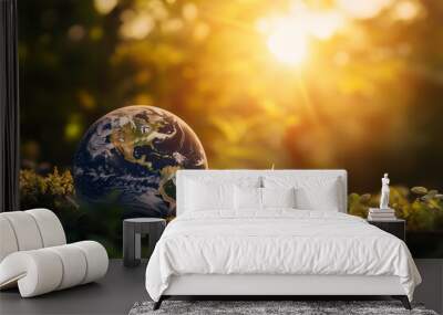 Selective focus realistic globe on grass field with sunset view, Environment conservation concept, Global warming climate change concept. Wall mural