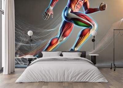 Image showing activation of quadriceps, hamstrings, calf muscles during running. sequential contraction, relaxation of these muscles as leg moves through gait cycle, from heel strike to toe-off. Wall mural