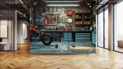 3D illustration of a fully equipped garage workshop with motorcycle.

 Wall mural