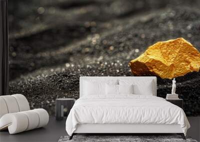 A captivating image showing pure gold nuggets freshly unearthed, set against the stark contrast of black sand Wall mural