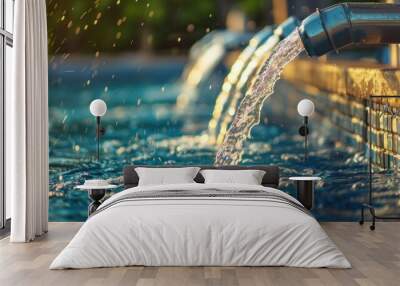 A close-up of a water pipe filling a swimming pool, highlighting pool maintenance.





 Wall mural