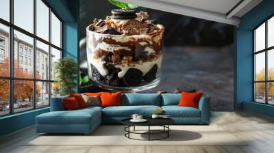 A decadent layered dessert featuring creamy cheese cake with vanilla and chocolate cookie layers, Wall mural