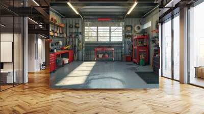 A digitally rendered image of a garage workshop filled with various tools and equipment, showcasing a detailed and realistic setup Wall mural