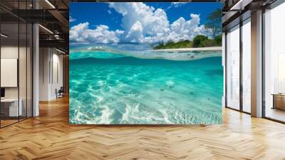 A pristine underwater scene showcasing a tropical blue ocean paired with white sand Wall mural