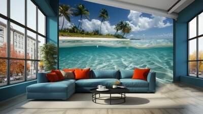 A pristine underwater scene showcasing a tropical blue ocean paired with white sand Wall mural