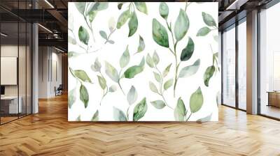 A seamless floral pattern featuring delicate green leaves and branches painted in watercolor Wall mural