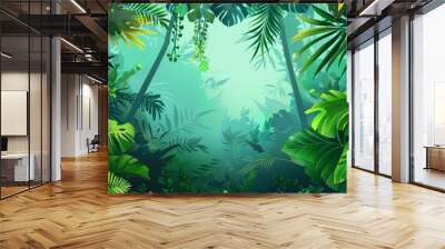 A seamless horizontal vector illustration of a dense tropical rainforest, perfect for backgrounds and nature-themed designs Wall mural