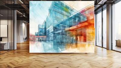 A striking representation of modern architecture, depicted as a line and watercolor painting that captures the building's sleek design against a minimalistic background Wall mural