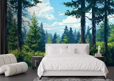 A tranquil forest edge with tall green spruce and oak trees.

 Wall mural