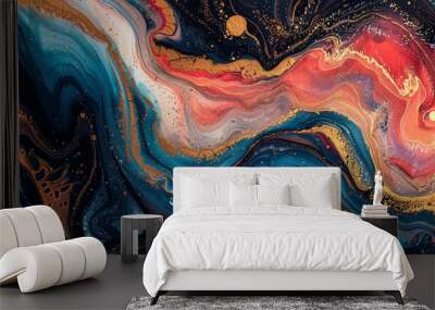 A vibrant and dynamic abstract marble background created using fluid art painting in an alcohol ink style with black accents.

 Wall mural