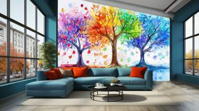 A vibrant hand-painted illustration depicting a tree through all four seasons.

 Wall mural