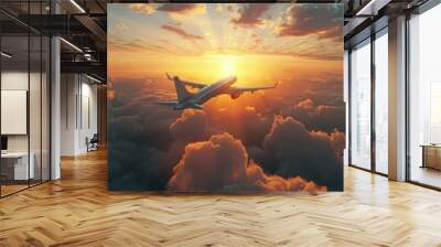 An airplane flies high above breathtaking sunset clouds, capturing the essence of modern air travel Wall mural