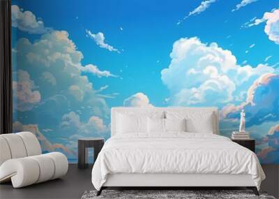 An anime-style illustration depicting a blue sky with clouds and a shining sun Wall mural