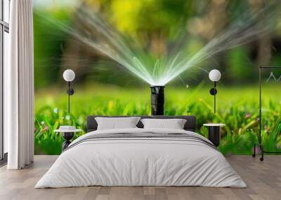 An automatic lawn sprinkler waters the green grass.

 Wall mural