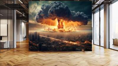 An explosive nuclear detonation, resulting in a catastrophic mushroom cloud, occurring over a city during a nuclear war or atomic bomb event Wall mural