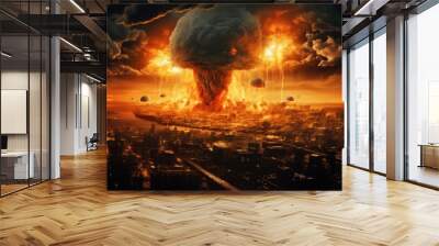 An explosive nuclear detonation, resulting in a catastrophic mushroom cloud, occurring over a city during a nuclear war or atomic bomb event Wall mural