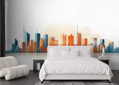 An urban skyline set against a white backdrop, featuring a perspective view of modern buildings in the cityscape. This city silhouette showcases the skyline of city skyscrapers. Wall mural