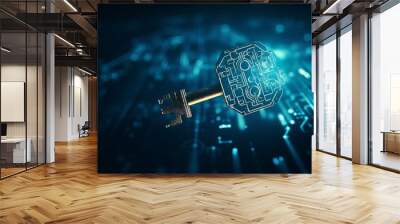 background concept of data protection and cybersecurity technology privacy. There is a key on the right hand side. against a dark blue background. generative ai Wall mural