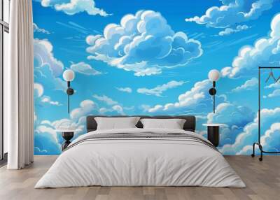 Blue sky with clouds. Anime style background with shining sun and white fluffy clouds. Sunny day sky scene cartoon vector illustration. Heavens with bright weather, generative ai Wall mural