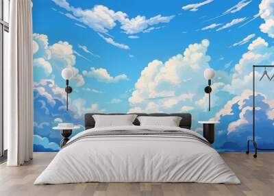 Blue sky with clouds. Anime style background with shining sun and white fluffy clouds. Sunny day sky scene cartoon vector illustration. Heavens with bright weather, generative ai Wall mural