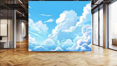 Blue sky with clouds. Anime style background with shining sun and white fluffy clouds. Sunny day sky scene cartoon vector illustration. Heavens with bright weather, generative ai Wall mural