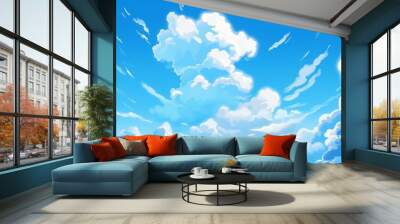 Blue sky with clouds. Anime style background with shining sun and white fluffy clouds. Sunny day sky scene cartoon vector illustration. Heavens with bright weather, generative ai Wall mural