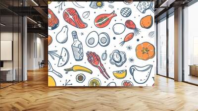 Charming seamless pattern featuring line icons of farmer's market staples such as fruits, vegetables, honey, eggs, meat, and fish.

 Wall mural