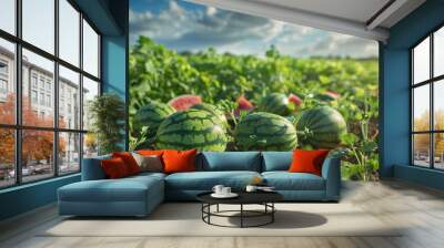 Fresh watermelons growing in a lush green plantation on a sunny day, ready for harvest.

 Wall mural