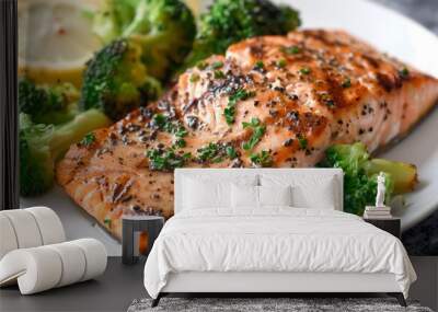 Grilled salmon with a side of steamed broccoli Wall mural