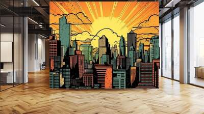 retro classic comics style city skyline generative ai Wall mural