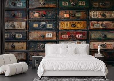 The essence of traditional Chinese herbal medicine with a background of old, wooden textured drawers Wall mural