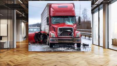 the moment of collision between a semi truck with a box trailer and a passenger car Wall mural