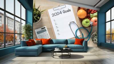 2024 goals, new year resolutions on clipboard note for blank wish list reminder of yearly planner for action on work-life balance, travel  plan and healthy health living aims Wall mural