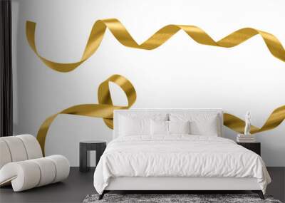 Gold ribbon satin bow curly scroll png set isolated on transparent background for Christmas, birthday and wedding card confetti design decoration Wall mural