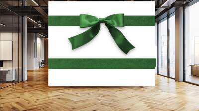 Green bow ribbon band satin emerald stripe fabric (isolated on white background with clipping path) for Christmas holiday gift box, greeting card banner, present wrap design decoration ornament Wall mural